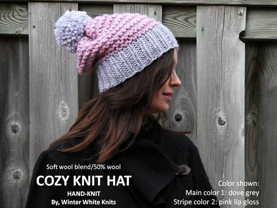 Hand Knit Pink Striped Chunky Beanie Striped Mohair Beanie - Pink Mohair Hat for Women - Hand  main image 4