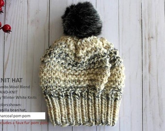 Knit hat with faux fur pom pom, Chunky knit hat, winter hat with Faux fur pompom, Knit Fur Pom Pom Hat, wool Knitted Hat, pom pom beanie