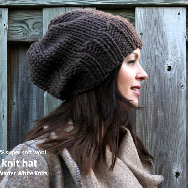 Knit beanie hat, Brown knit hat, Knitted hat in 100% soft wool, winter knitted hat, handknit slouch hat, slouchy tam hat, soft and cozy