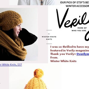 May include: A mustard yellow knitted beanie and matching infinity scarf. The text "Winter White Knits, $37" is visible below the image. The text "Verily MORE OF WHO YOU ARE." is visible in the upper right corner of the image.
