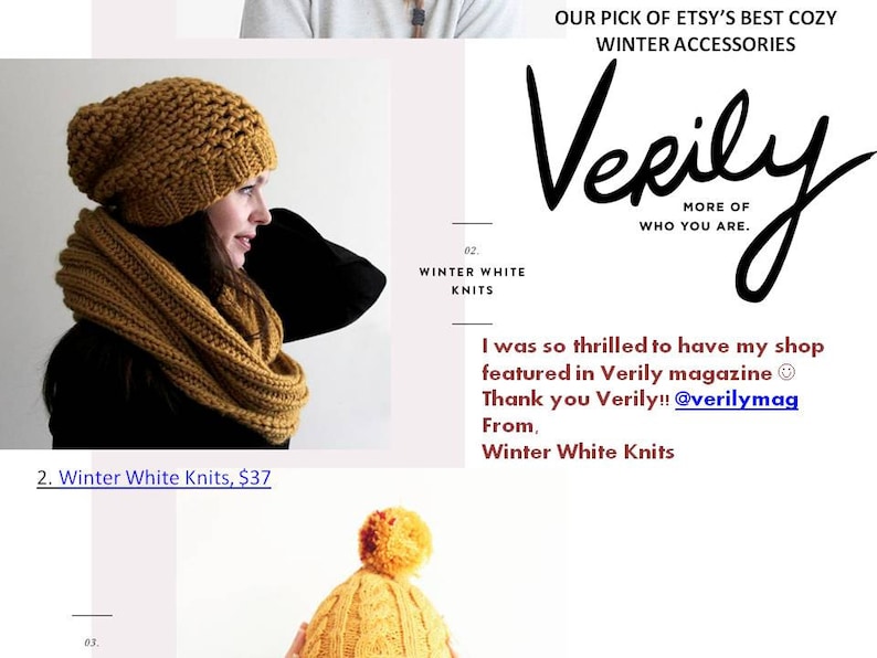 May include: A mustard yellow knitted beanie and matching infinity scarf. The text "Winter White Knits, $37" is visible below the image. The text "Verily MORE OF WHO YOU ARE." is visible in the upper right corner of the image.