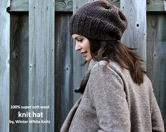 Knit wool hat, Knit beanie hat, Brown knit hat,100% soft wool hat, winter knitted hat, handknit slouch hat, slouchy tam hat, soft and cozy