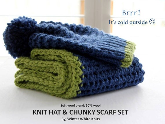Handmade blue and green knit beanie and scarf set Handmade Knit Hat and Scarf Set: Blue Green Multi Acrylic - Etsy main image 4