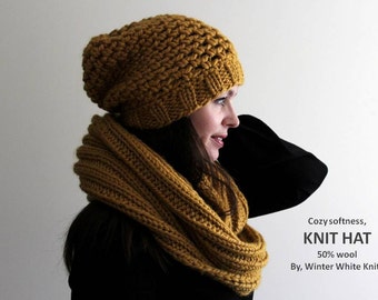 Knit hat, THE WINSOME HAT, beanie hat, mustard yellow knit hat, available in many colors, hand knit hat, slouchy beanie toque, cozy softness