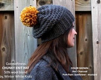 Chunky knit hat, COZY WOODS HAT, pom pom knit hat, Knit winter hat, hand knit beanie hat, Chunky knit beanie, wool hat