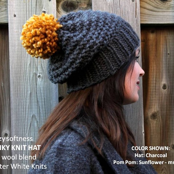 Chunky knit hat, COZY WOODS HAT, pom pom knit hat, Knit winter hat, hand knit beanie hat, Chunky knit beanie, wool hat