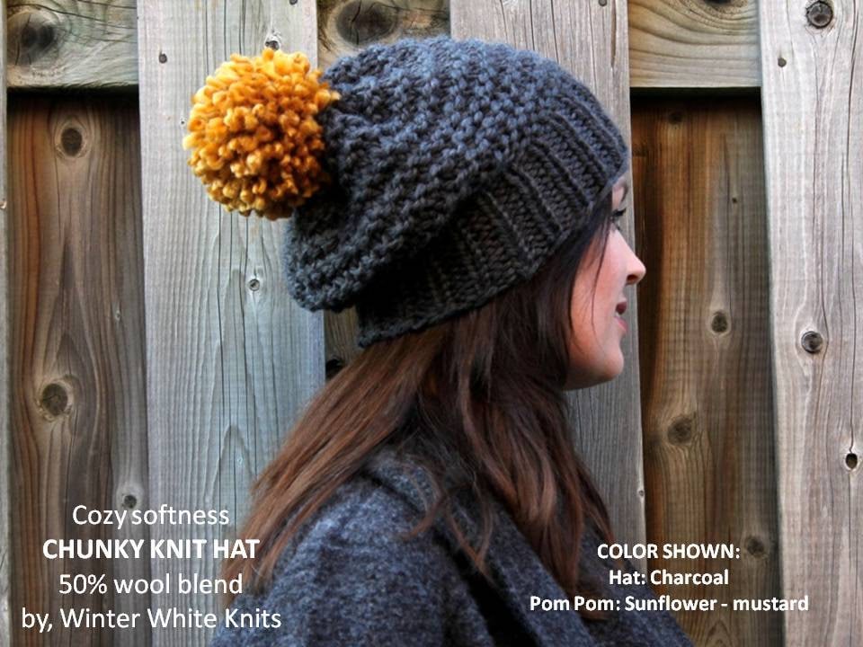 Chunky knit hat, COZY WOODS HAT, pom pom knit hat, Knit winter hat, hand knit beanie hat, Chunky knit beanie, wool hat