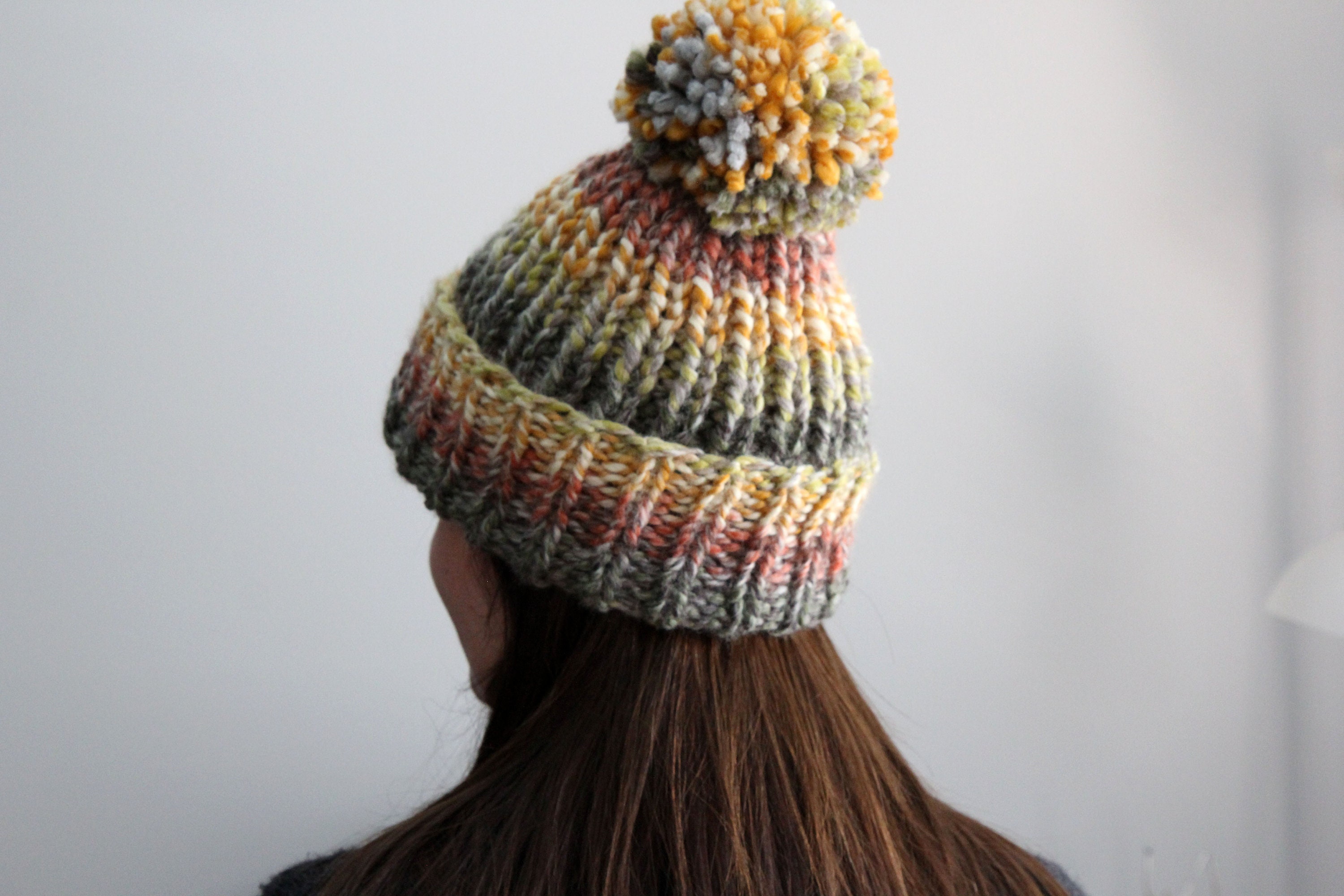 CHUNKY Ribbed Double Strand Hand Knit Marble Roll Cuff Pom Beanie Hat Haakwear Double Pom Pom, H Stitch Beanie, Multi Color Hat  main image 3
