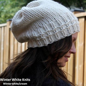Knit hat, Pretty textured detail on cuff band, Slouchy winter hat, knitted hat, Simple classic knit hat, Knit Slouchy Hat, Chunky knit hat