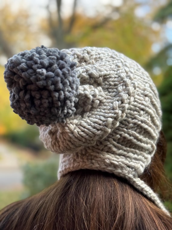 Handmade Knit Hood/Bonnet. New Knit Wool Long Tie Pixie Bonnet: Handmade Winter Blue Beanie  main image 4