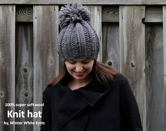 Wool knit pom pom hat, beanie hat, 100% soft wool hat, grey knit hat, winter knit hat, hand-knit hat, slouchy tam hat, soft & cozy knit hat
