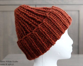 Hand-knit fold up brim hat, Knit hat, Roll up ribbed hat, Chunky knit hat, Winter beanie hat, unisex hand knit hat, Hand-knitted winter hat
