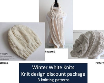 Knitting patterns- 3 pattern bundle discount, PDF Instant Download knitting Pattern, knit hats and scarf, 3 patterns, NOT a finished product