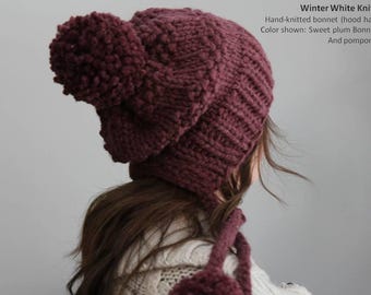 knit slouchy hat, Earflap winter hat, Adult hood hat, Hand-knit winter hat, Pom Knit hood hat, Slouchy knit hat with ties, Wool Hood Bonnet