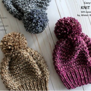Chunky knit hat, pom pom knit hat, COZY WOODS HAT, Knit winter hat, knit beanie, chunky knit slouch beanie, wool hat