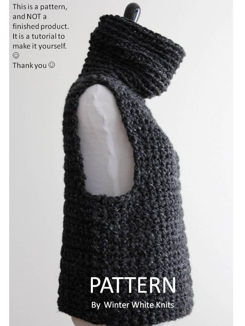 Puede incluir: Un patr&oacute;n de crochet para un su&eacute;ter negro sin mangas con cuello alto y cuello ancho. El patr&oacute;n se titula "PATTERN" y es de "Winter White Knits".