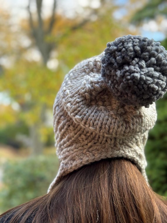 Knitted Ear Flap Hat, Slouchy Knit Hat With Ties, Chunky Knit Hat