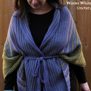 May include: A purple and green striped crochet shawl with a tie closure. Winter White Knits Crochet pattern.