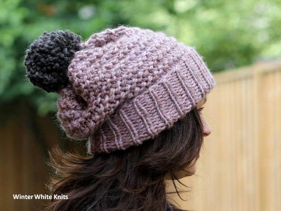 Knit Pom-Pom Cuffed Beanie with Fold Up Cuffs Hand-knit Hat, Rollup Cuff Knit Hat, Fold up Knit Beanie Hat  main image 3