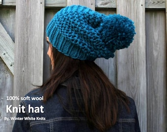 Knit pom pom hat, Knit slouchy hat, Knitted hat in 100% soft wool, winter knitted hat, hand-knit slouch hat, slouchy wool hat, soft and cozy