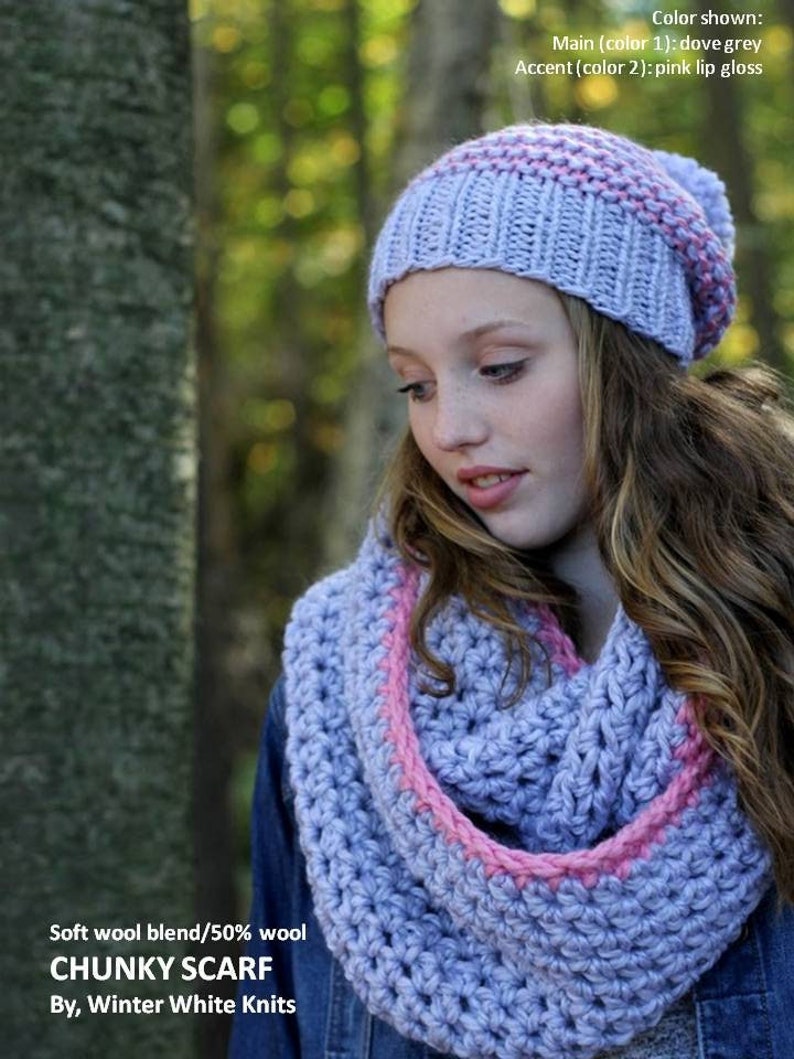 Dove grey and pink scarf, Winter scarf, knit infinity scarf, knit cowl scarf, Wool scarf, cowl scarf, Cozy soft scarf, knit scarf image 1
