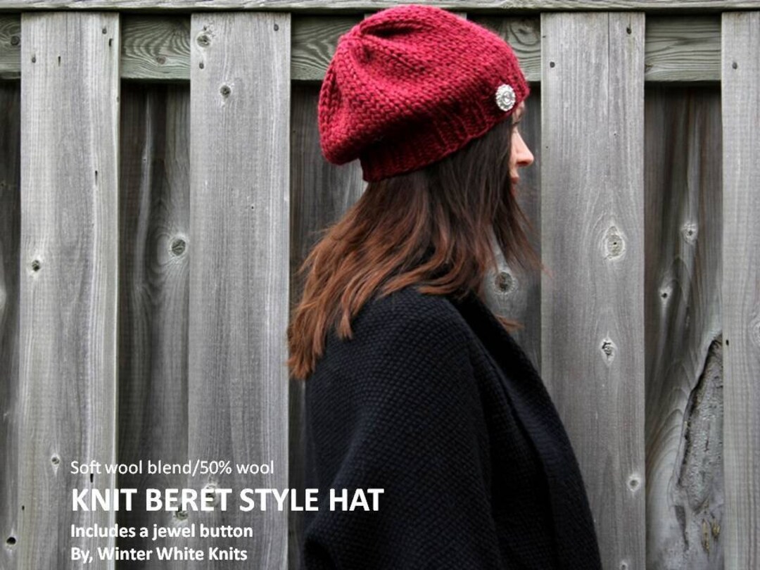 Knit Beret, Winter Slouchy Hat, Beret With Sparkle Jewel