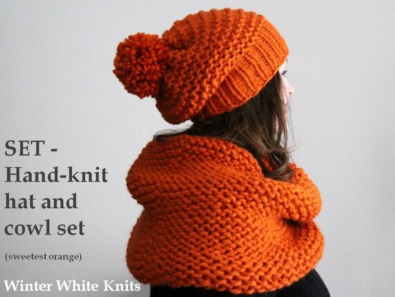 Hand Knit Chunky Cowl & Hat Set: Wool Blend Infinity Scarf  display picture 2