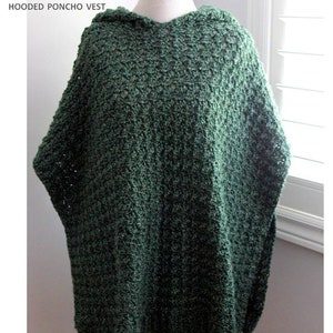 May include: A green crocheted hooded poncho vest. The vest is made with a textured stitch and has a loose fit.