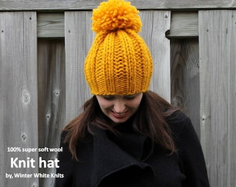 Hand Knit Wool Pom Pom Beanie: Slouchy Winter Hat