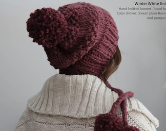Hood Hat, Slouchy Knit Hat with Ties, Hand-knit hat hood, Handmade for you, Hooded hat with Pompoms