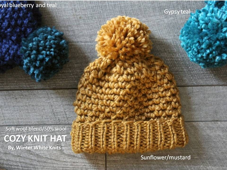 Rolled Rim Knit Beanie, Pom Pom Knit Hat, Knit Beanie Hat  display picture 2
