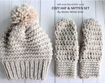 Hat and mitten set, includes both hat and mitts, chunky knit hat, knit winter hat, winter mittens, 32 color choices
