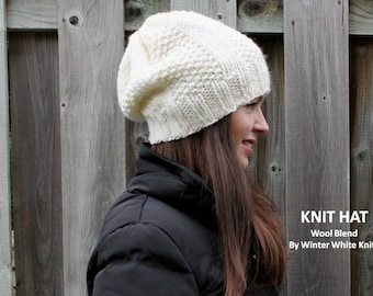 Hand-Knit hat, chunky winter hat, Snowy cream white knit hat, wool blend, 20% wool, Chunky knit hat, Soft winter hat, fashion accessory