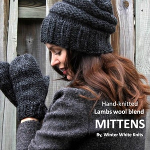 HAND-KNIT MITTENS, knitted mittens, charcoal gray mittens, winter mittens, chunky mittens, cozy soft mittens, knit gloves, winter gloves