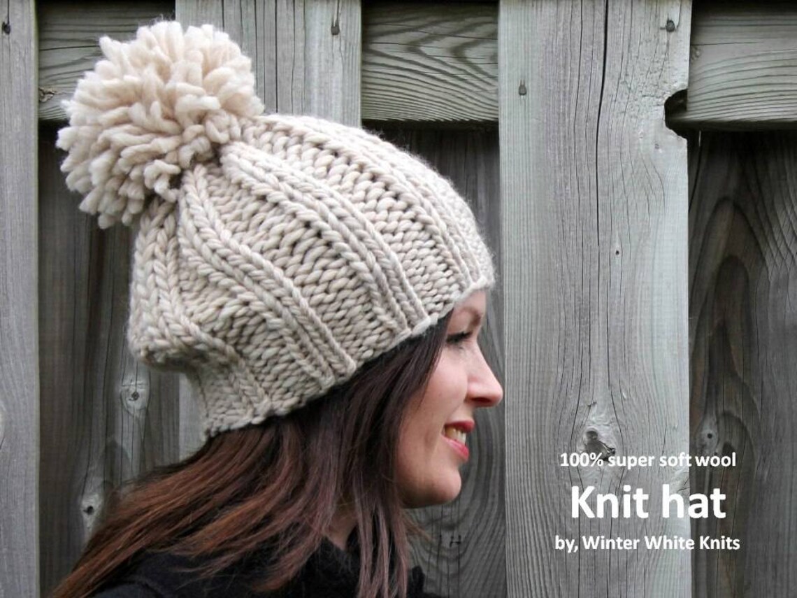 Knit Pom Pom Hat Wool Hat Knit Beanie Hat 100% Wool Knit Etsy