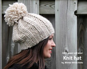 Knit pom pom hat, wool hat,  knit beanie hat, 100% wool knit hat, winter knit hat, handknit pom pom hat, slouchy tam hat, soft and cozy