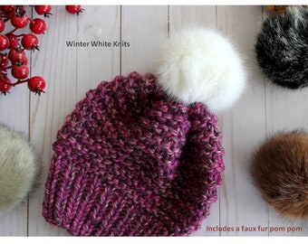 Chunky Knit Wool Beanie with Faux Fur Pom Pom - Handmade Winter Hat