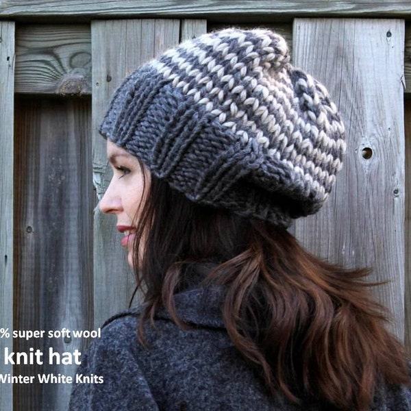 Striped knit hat, Knit beanie hat, 100% soft wool beanie, winter knitted hat, handknit slouch hat, slouchy tam hat, soft and cozy