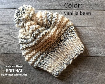 Knit hat, winter hat, chunky knit hat, beanie hat, slouchy knit hat, vanilla bean knit hat, pom pom hat