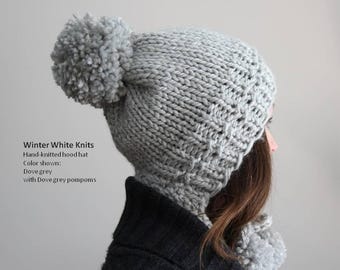 Chunky Knit Hood hat: Wool Blend Earflap Hat with Pom Poms