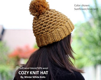 Rolled rim knit beanie, pom pom knit hat, knit beanie hat, winter knit hat, mustard yellow hat, chunky knit hat, ski hat, cozy soft hat