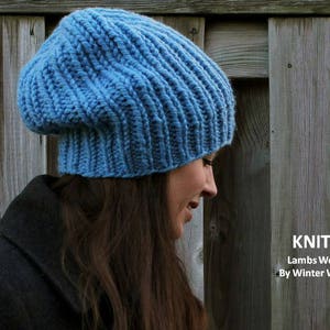 Hand-knit winter hat, Slouchy knit hat, knit beanie hat, slouchy beanie hat, lambs wool blend knitted hat, soft and cozy, Unisex knit hat