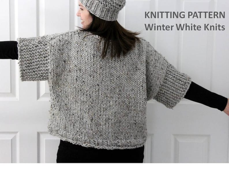 May include: Knitting pattern for a grey and white speckled sweater with a wide, loose fit and short sleeves. The pattern is titled "Winter White Knits".