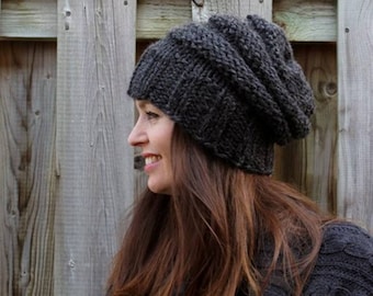 Knit hat, THE ELORA HAT, charcoal grey hat, slouchy beanie hat in gray color, unisex hand knit slouch hat, adult size