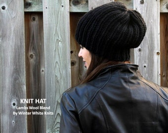 KNIT HAT, black knit winter hat, Slouchy knit hat, black beanie hat, chunky knitted hat, lambs wool and acrylic blend, soft and cozy