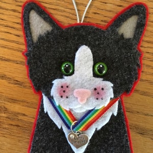 Dark gray Tuxedo cat #4 Christmas ornament with Rainbow necklace