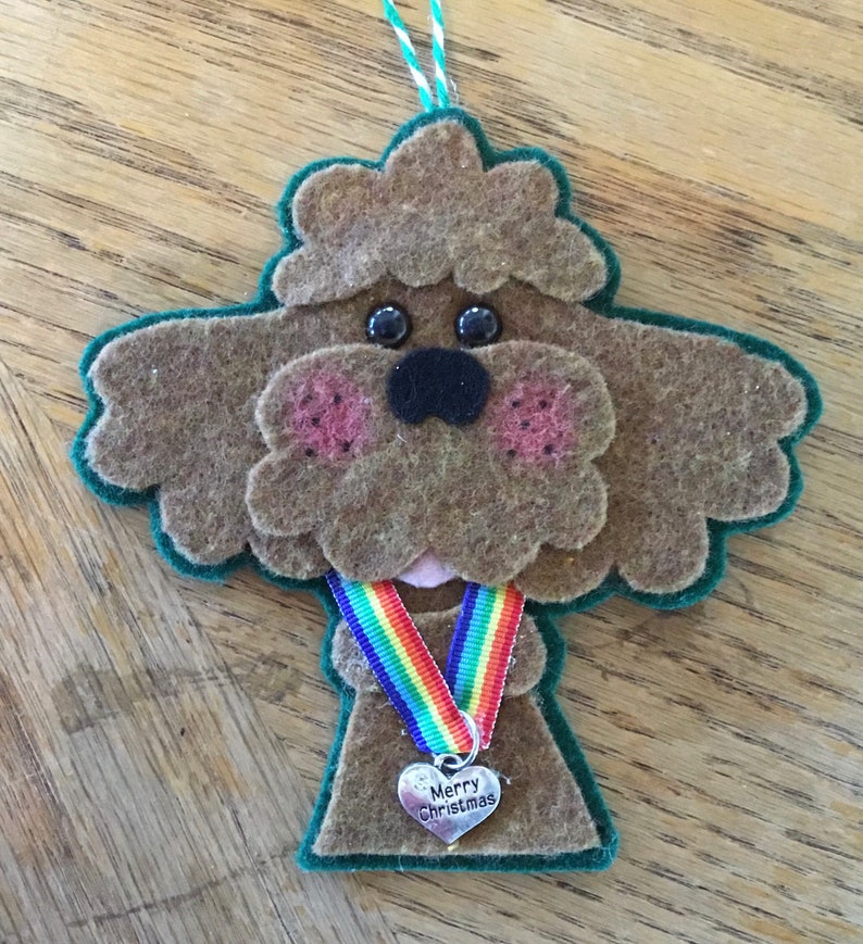 Apricot poodle dog Christmas ornament with rainbow ribbon dog urn tag