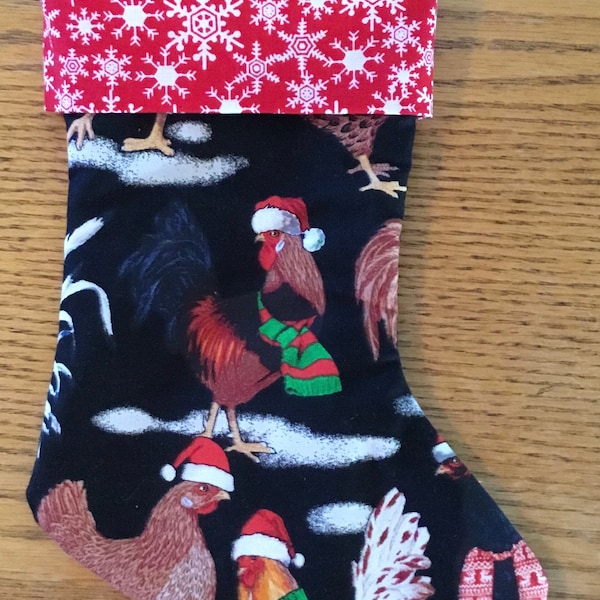 Chickens wearing Santa hats themed Christmas stocking