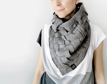 Grey Weave Scarf, Soft Scarf for Womens Scarves, Small Scarf, Circle Scarf, Warm Scarf, Unique Handmade Scarf, Snood, Fleece, Gift for Her