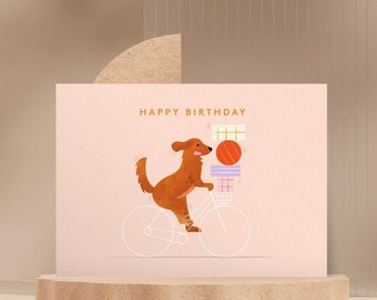 Birthday Dog on Bike with Presents Greeting Card